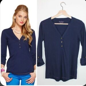 Lilly Pulitzer Navy Blue Henley Long Sleeve Top | Preppy Coastal Classic Sz M